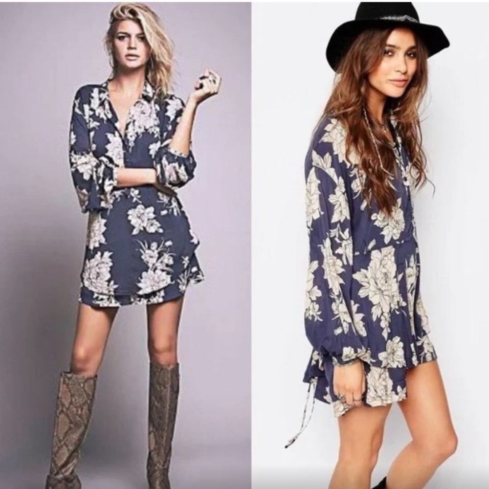 Free People Navy Floral Tunic Mini Dress